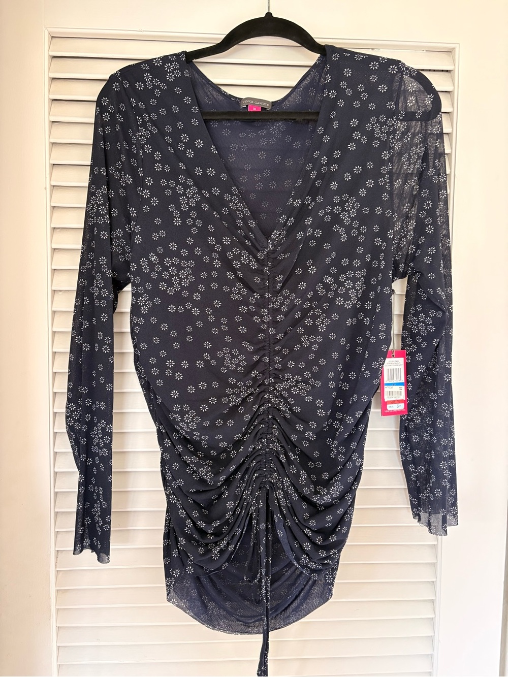 Women's Navy Floral Ruched V-Neck Dress